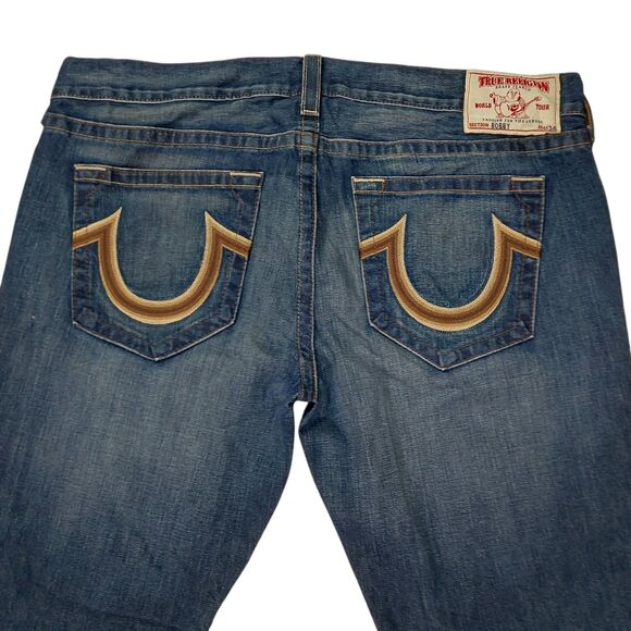 True Religion Bobby Jeans Mens 42x32 Blue Straight Leg Embroidered 100% Cotton - Picture 6 of 12